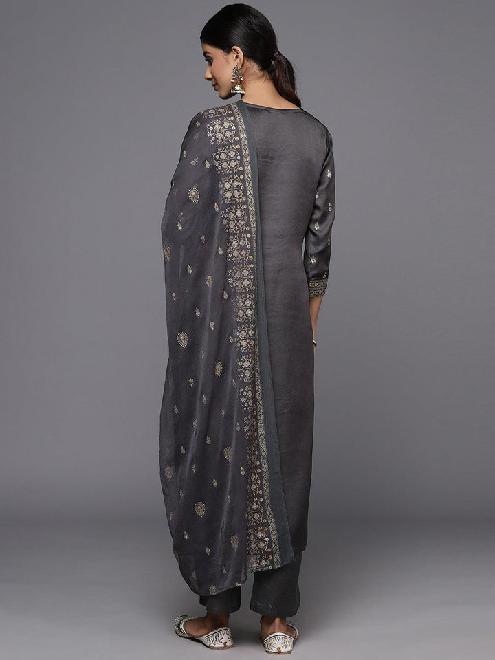 Grey Yoke Design Silk Blend Straight Kurta With Trousers & Dupatta