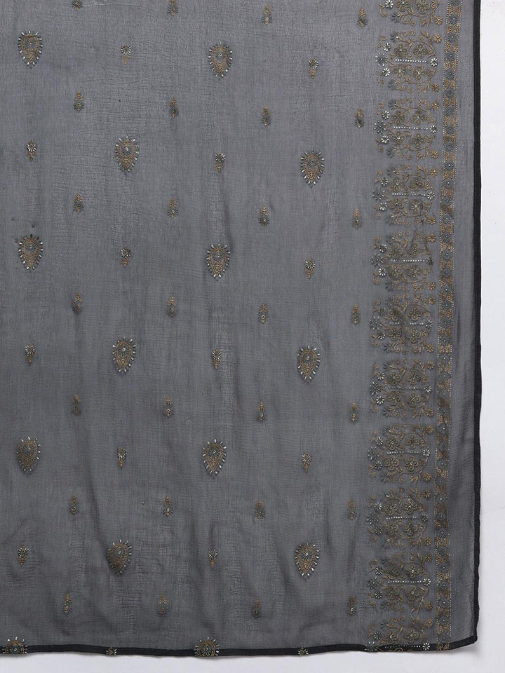 Grey Yoke Design Silk Blend Straight Kurta With Trousers & Dupatta