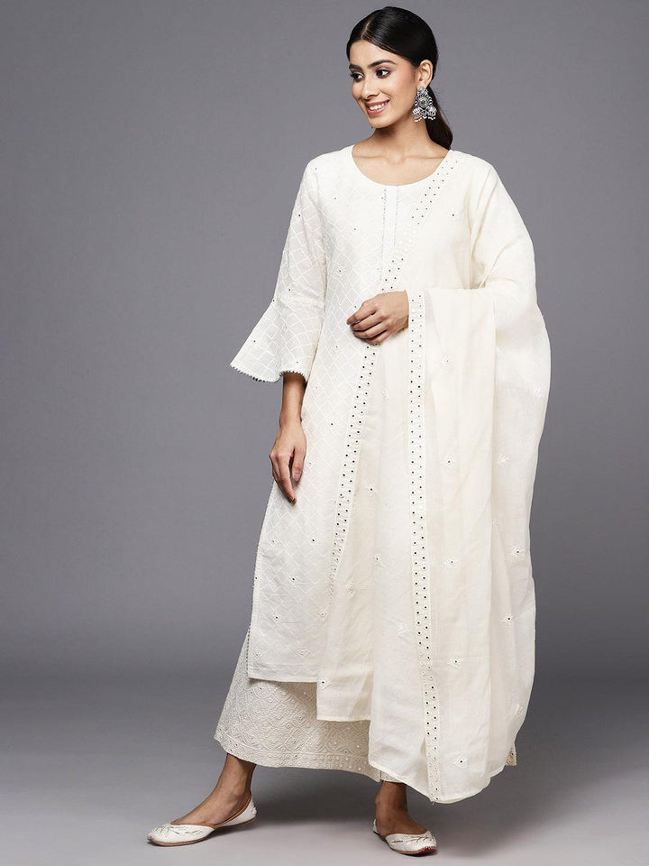 Off White Embroidered Cotton Straight Kurta With Palazzos & Dupatta