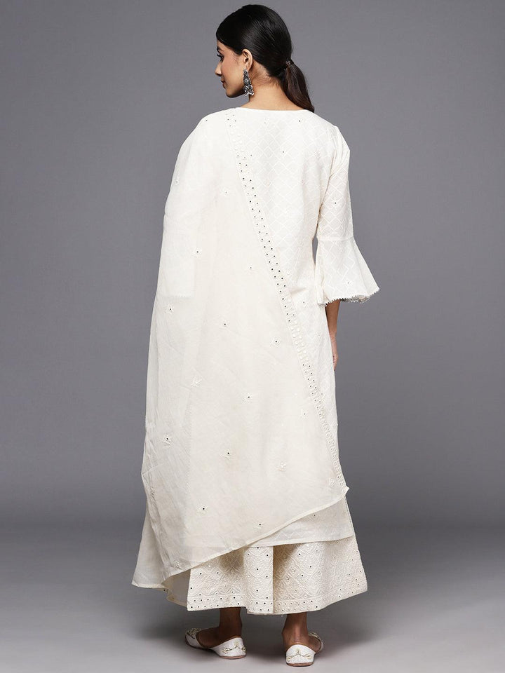 Off White Embroidered Cotton Straight Kurta With Palazzos & Dupatta