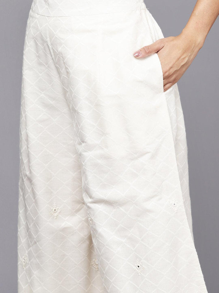 Off White Embroidered Cotton Straight Kurta With Palazzos & Dupatta