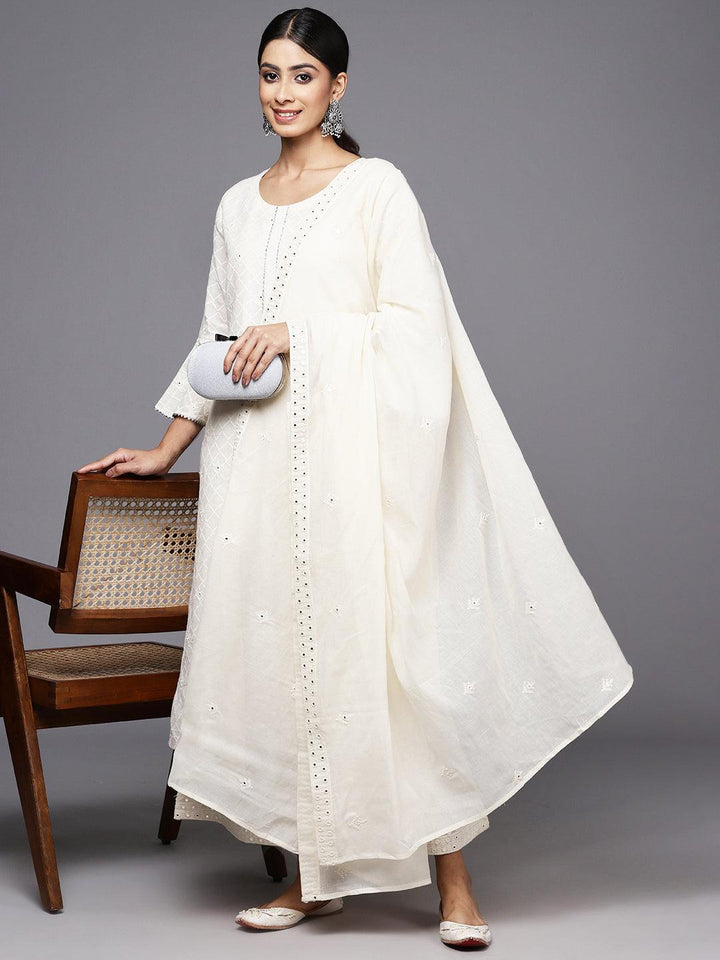Off White Embroidered Cotton Straight Kurta With Palazzos & Dupatta