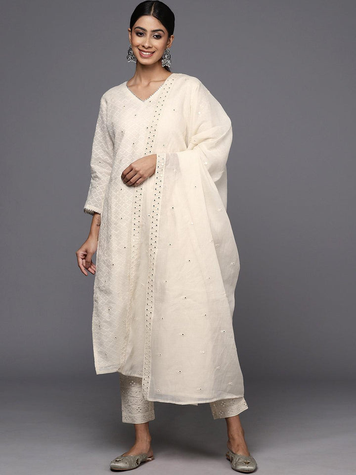 Off White Embroidered Cotton Straight Kurta With Trousers & Dupatta