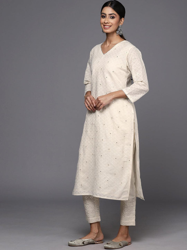 Off White Embroidered Cotton Straight Kurta With Trousers & Dupatta