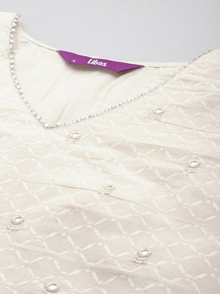 Off White Embroidered Cotton Straight Kurta With Trousers & Dupatta
