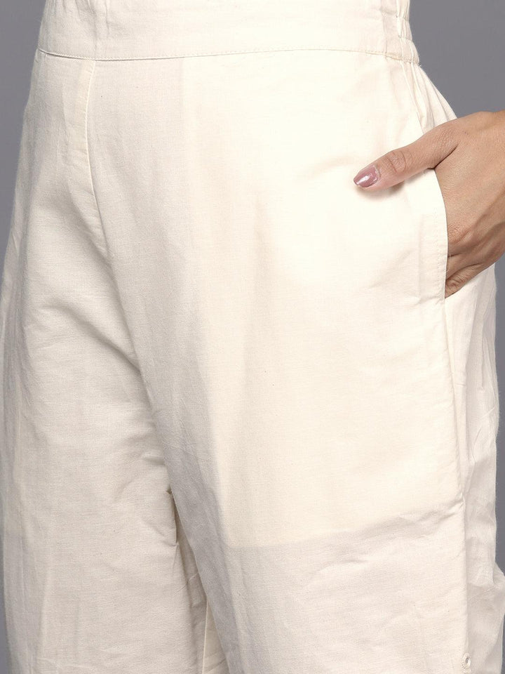 Off White Embroidered Cotton Straight Kurta With Trousers & Dupatta