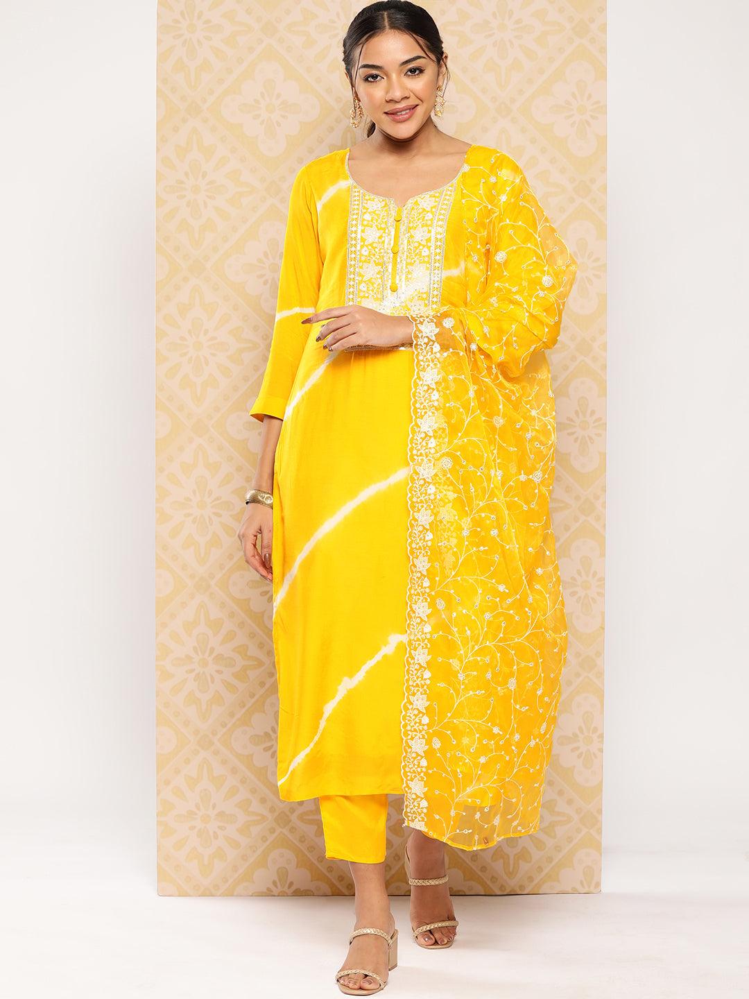 Yellow Yoke Design Silk Blend Kurta With Trousers & Dupatta - ShopLibas