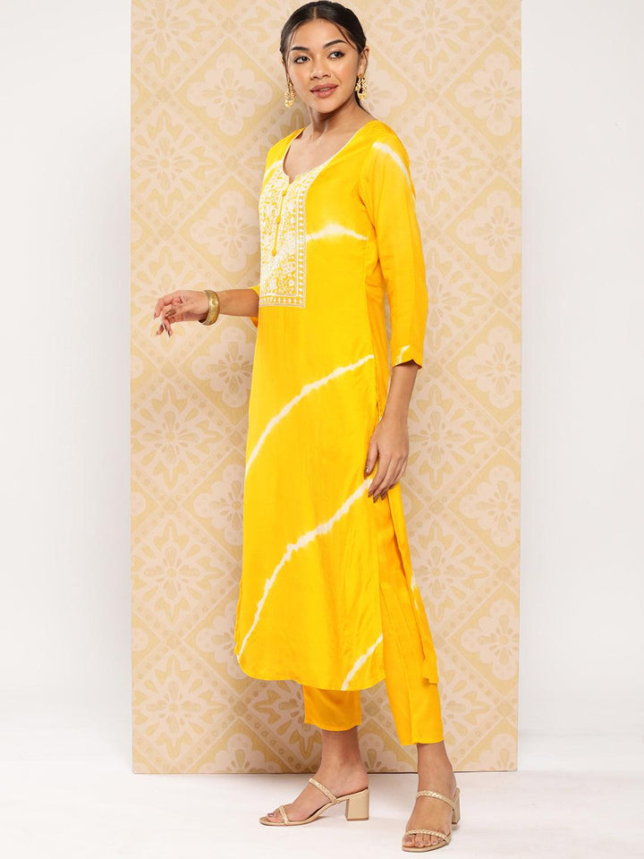 Yellow Yoke Design Silk Blend Kurta With Trousers & Dupatta