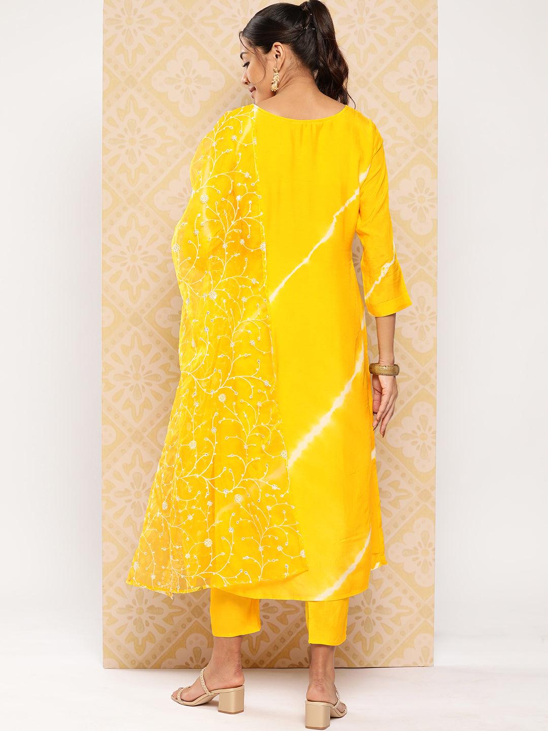 Yellow Yoke Design Silk Blend Kurta With Trousers & Dupatta - ShopLibas