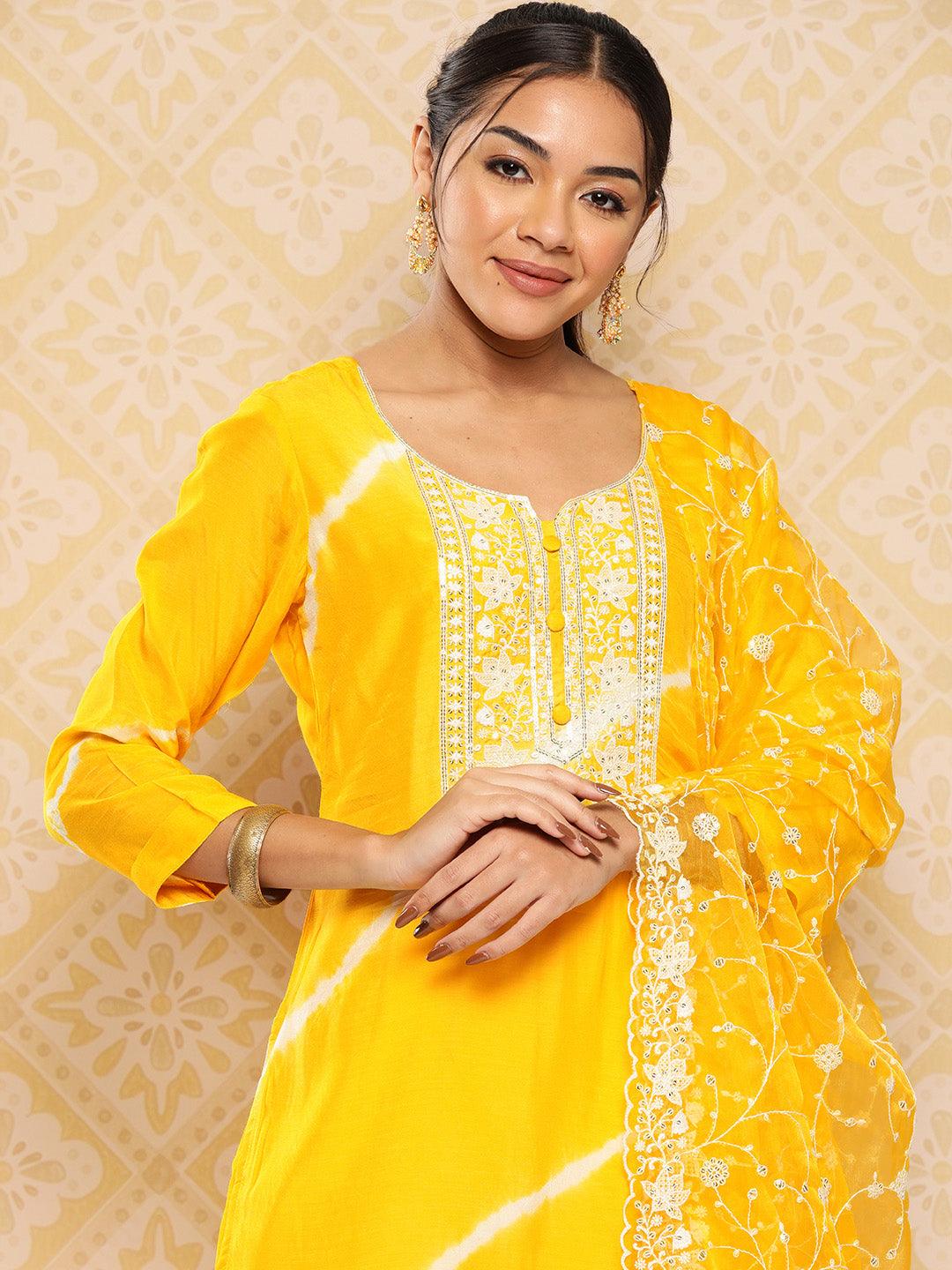 Yellow Yoke Design Silk Blend Kurta With Trousers & Dupatta - ShopLibas