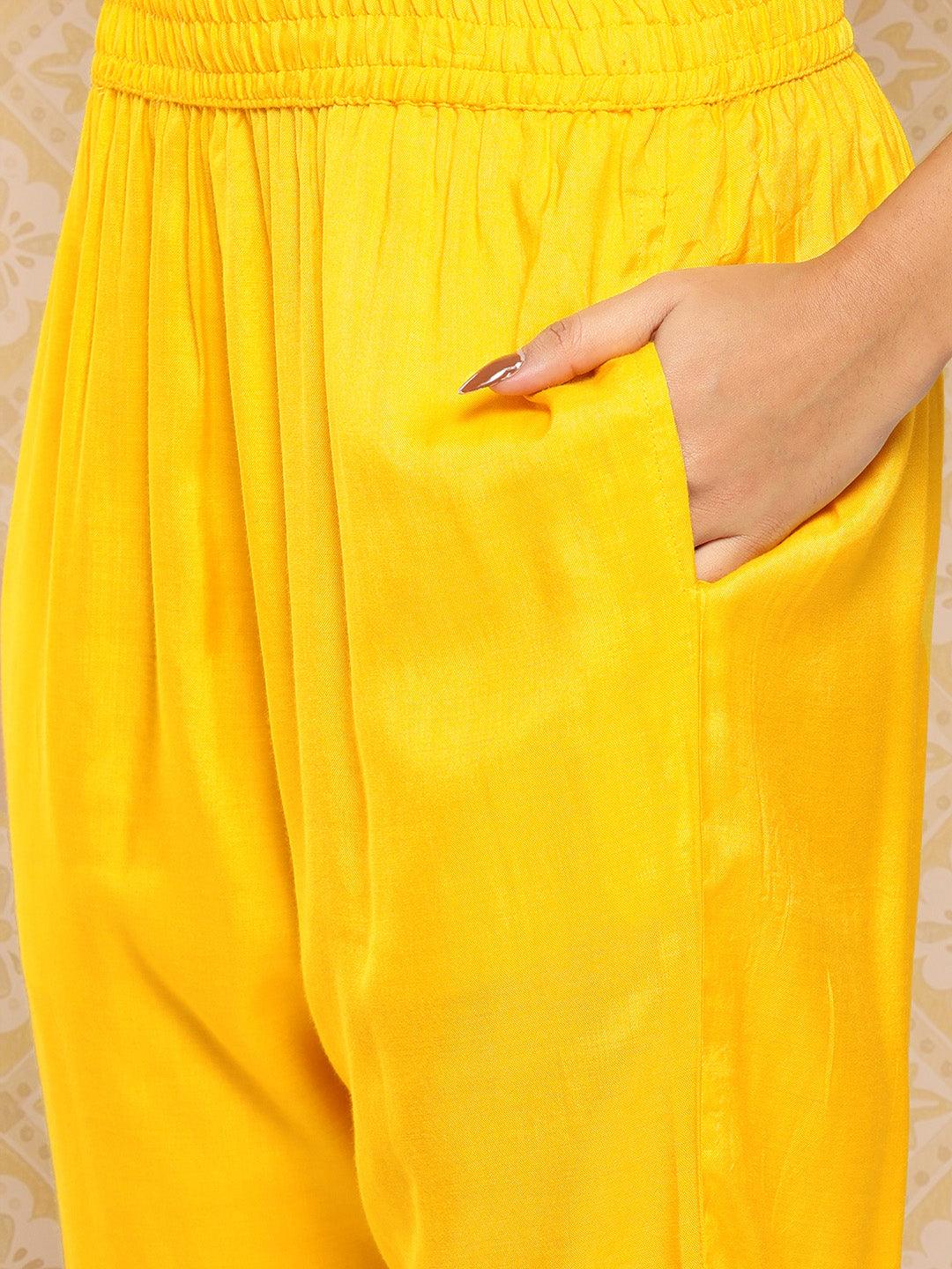Yellow Yoke Design Silk Blend Kurta With Trousers & Dupatta - ShopLibas