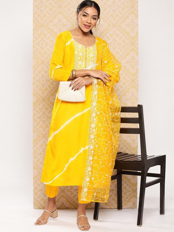 Yellow Yoke Design Silk Blend Kurta With Trousers & Dupatta