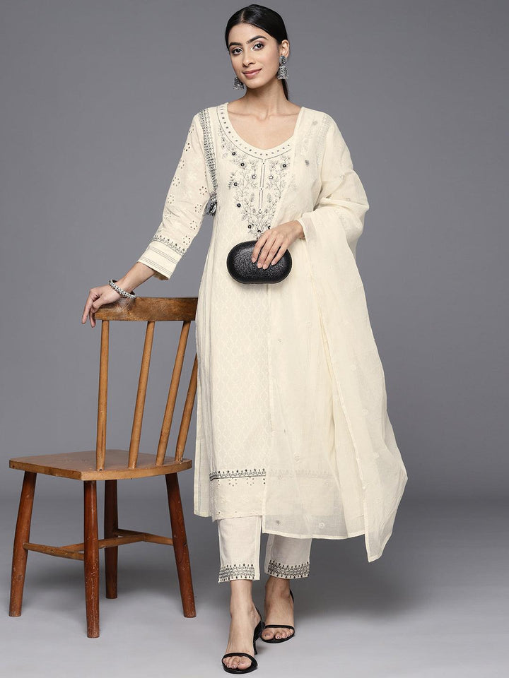 Off White Embroidered Cotton Straight Kurta With Trousers & Dupatta