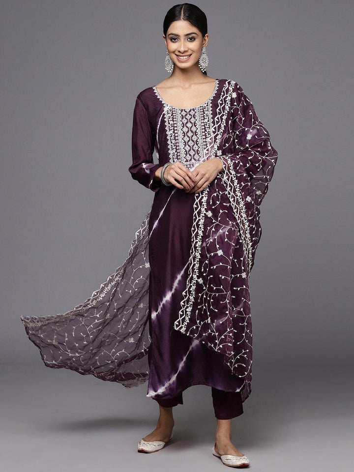 Wine Yoke Design Silk Blend Straight Kurta With Trousers & Dupatta