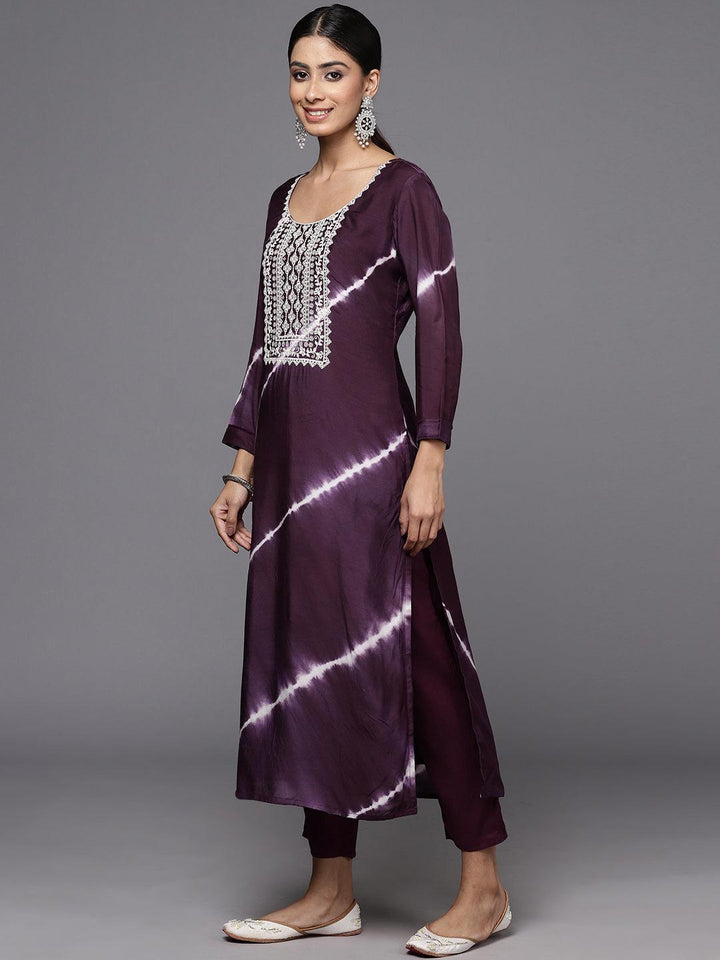 Wine Yoke Design Silk Blend Straight Kurta With Trousers & Dupatta