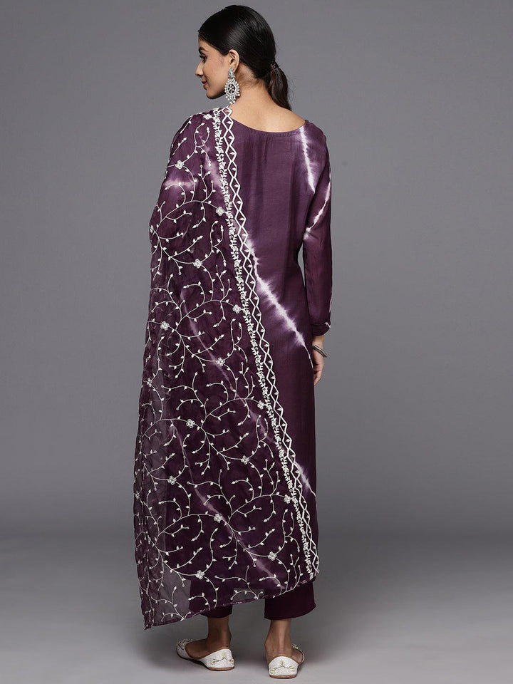 Wine Yoke Design Silk Blend Straight Kurta With Trousers & Dupatta