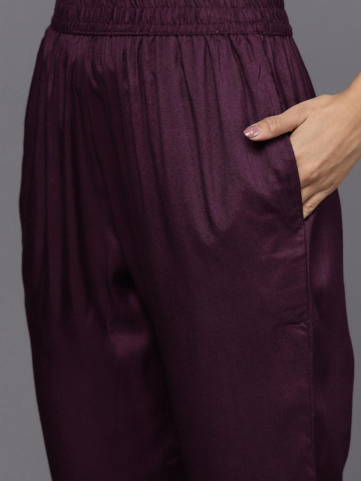 Wine Yoke Design Silk Blend Straight Kurta With Trousers & Dupatta