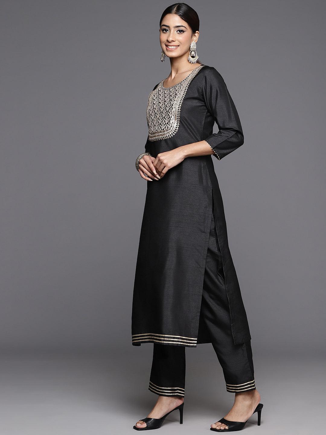 Black Yoke Design Silk Blend Straight Kurta With Palazzos & Dupatta - ShopLibas