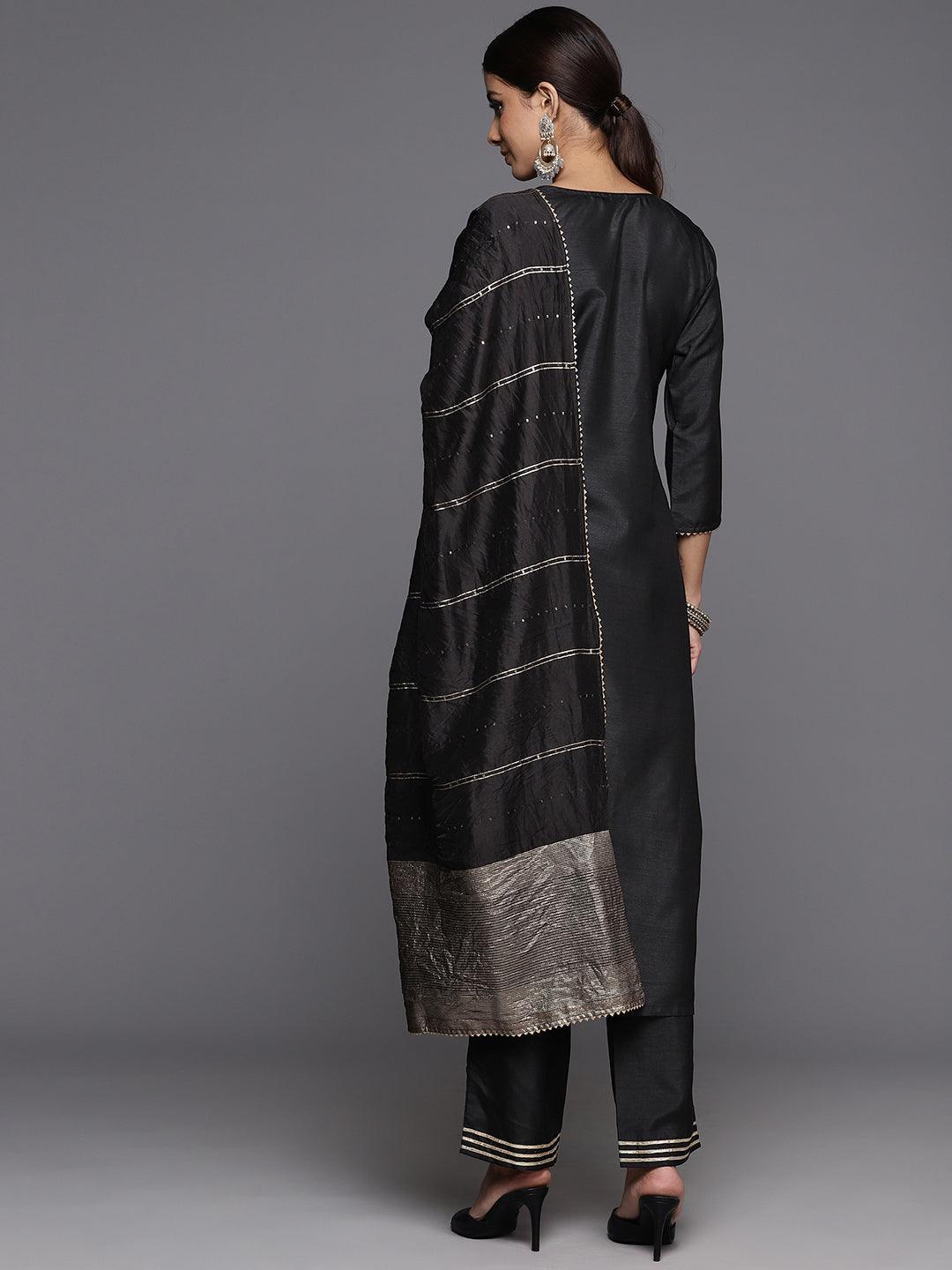 Black Yoke Design Silk Blend Straight Kurta With Palazzos & Dupatta - ShopLibas