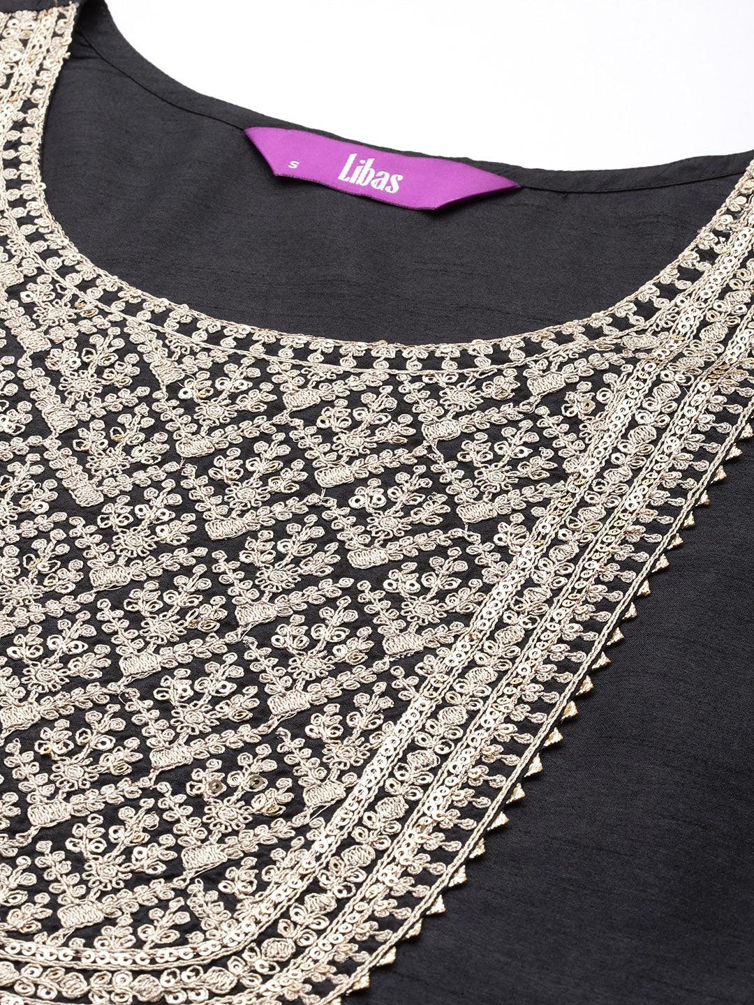 Black Yoke Design Silk Blend Straight Kurta With Palazzos & Dupatta - ShopLibas