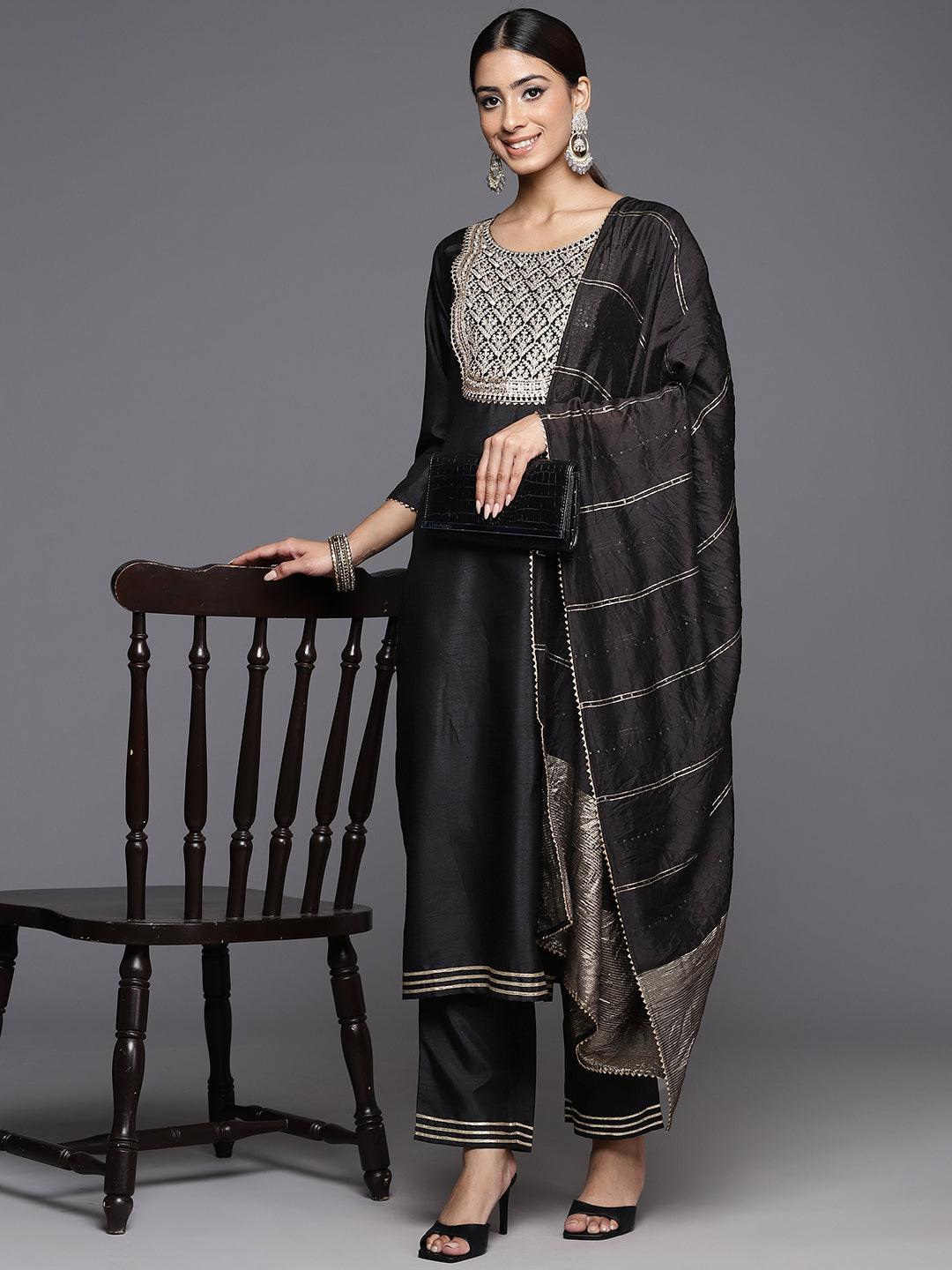 Black Yoke Design Silk Blend Straight Kurta With Palazzos & Dupatta - ShopLibas