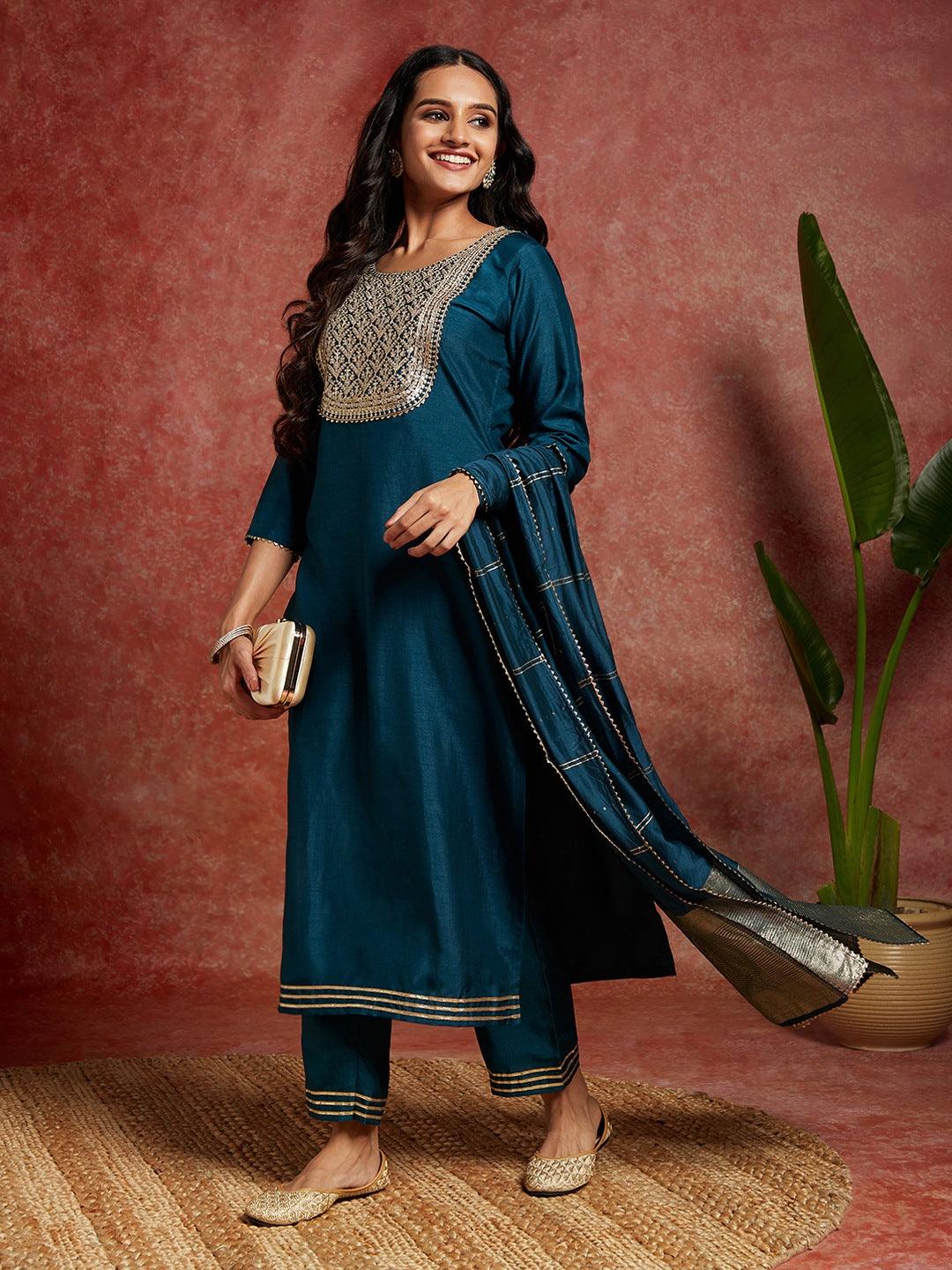 Teal Yoke Design Silk Blend Straight Kurta With Palazzos & Dupatta - ShopLibas