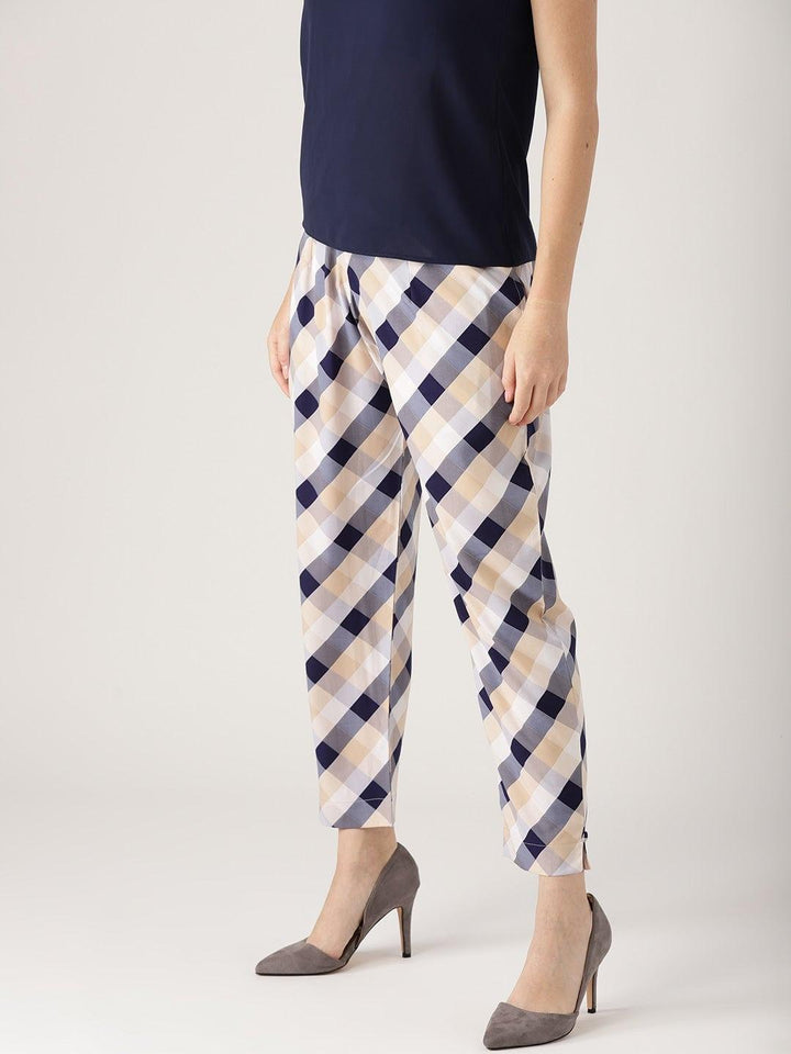 White Checkered Polyester Trousers
