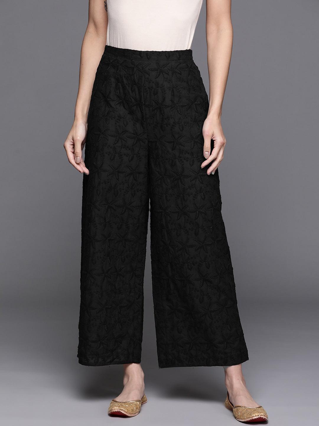 Black Embroidered Cotton Palazzos - ShopLibas