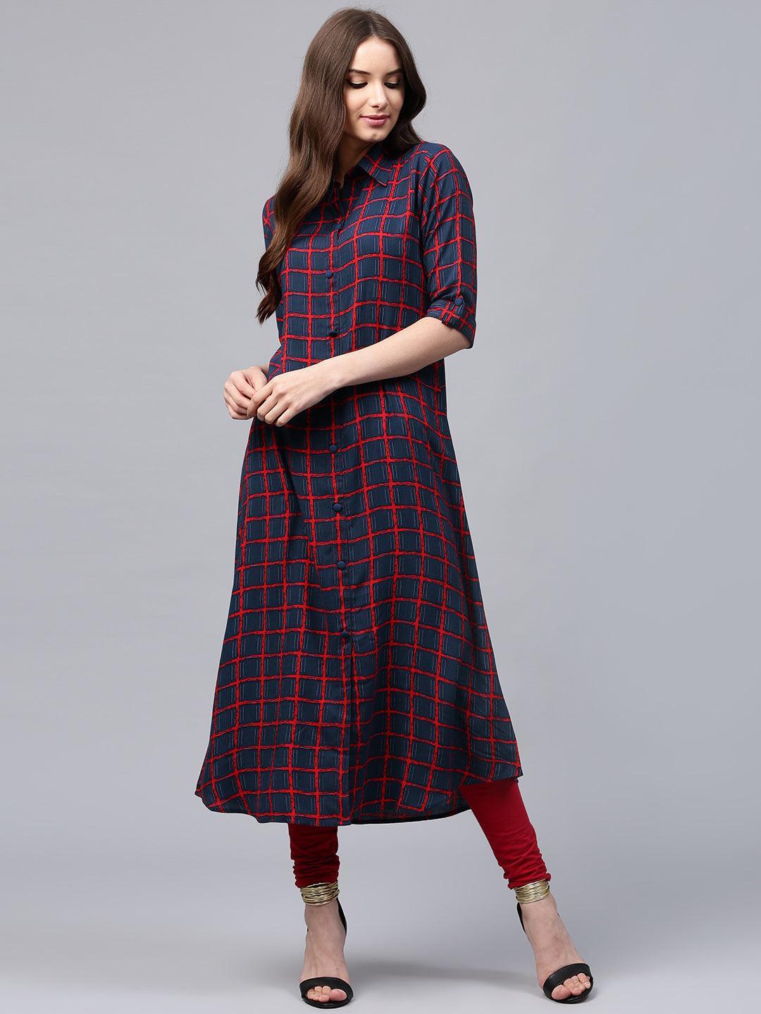 Blue Checkered Rayon Kurta - ShopLibas