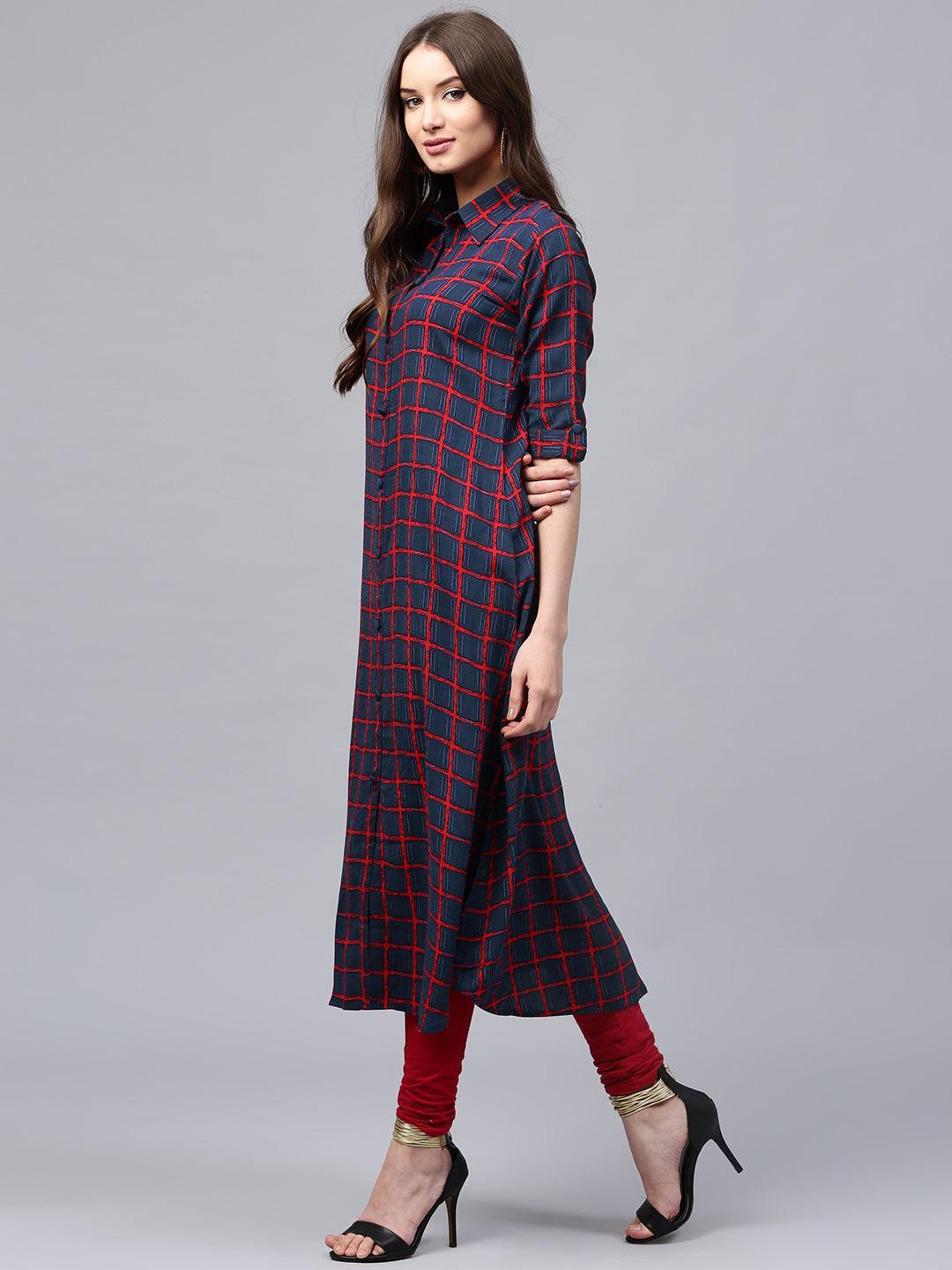 Blue Checkered Rayon Kurta - ShopLibas
