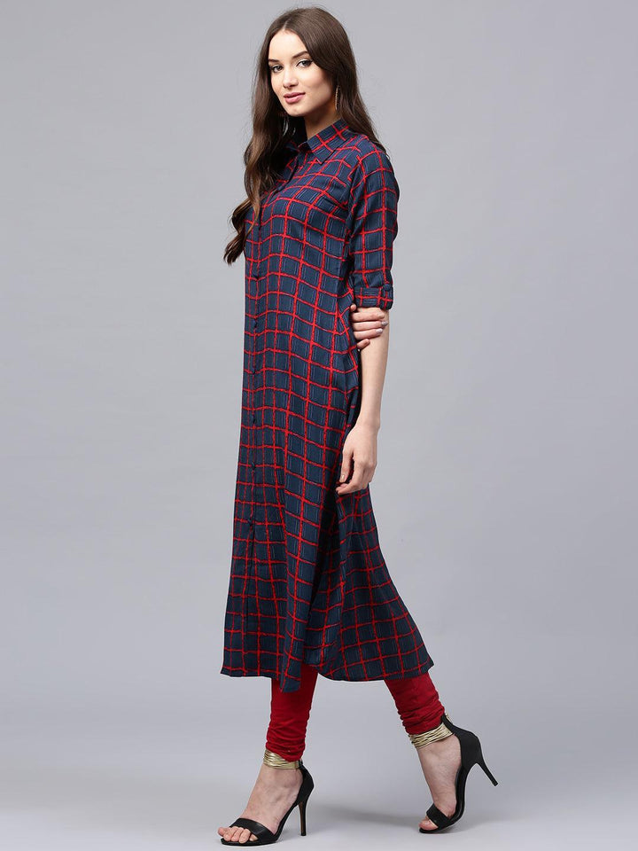 Blue Checkered Rayon Kurta