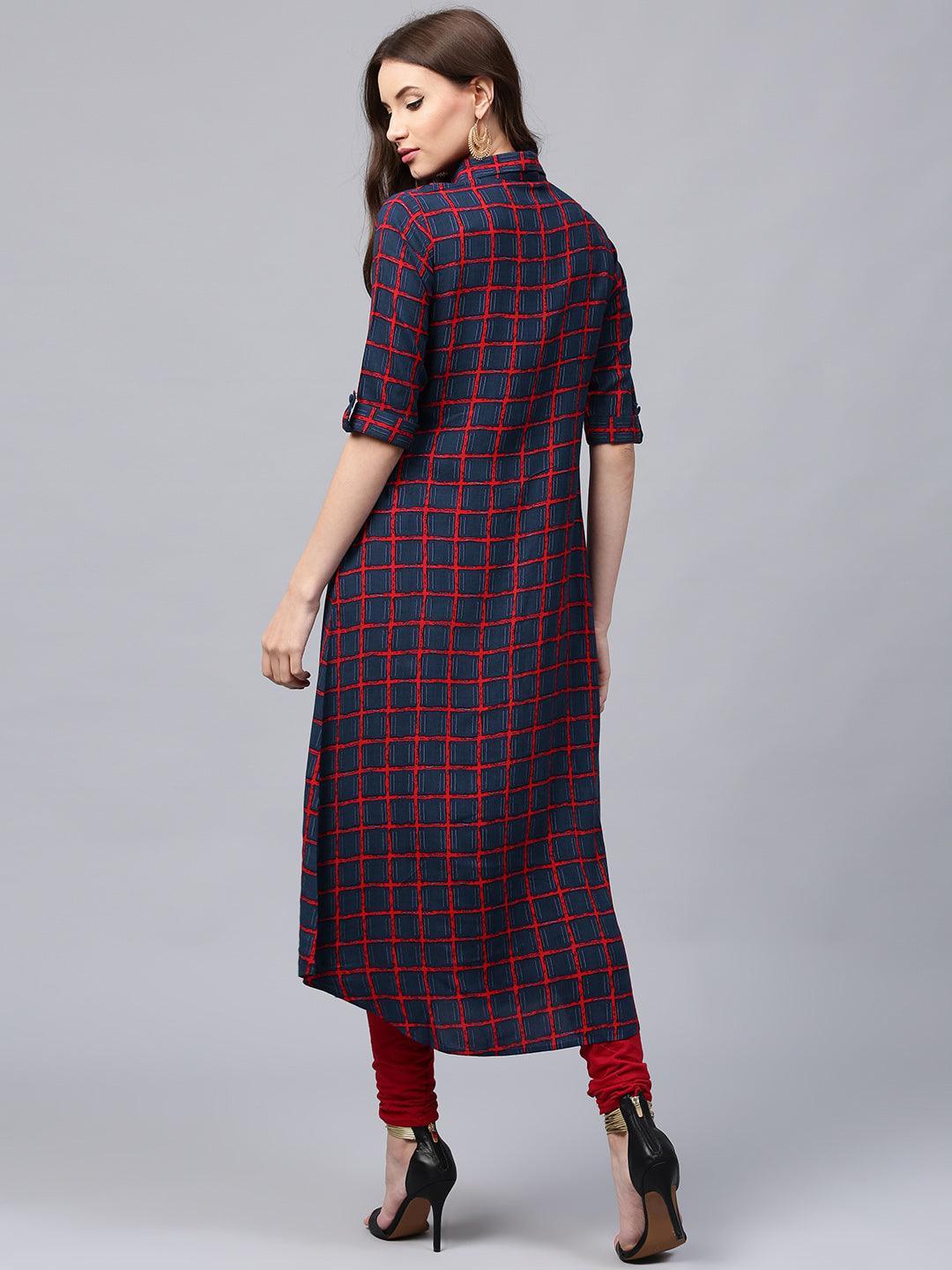 Blue Checkered Rayon Kurta - ShopLibas