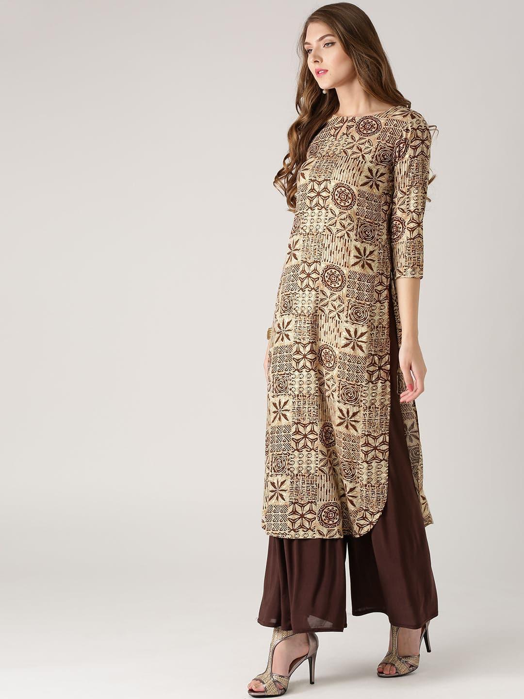 Beige Printed Rayon Kurta - ShopLibas
