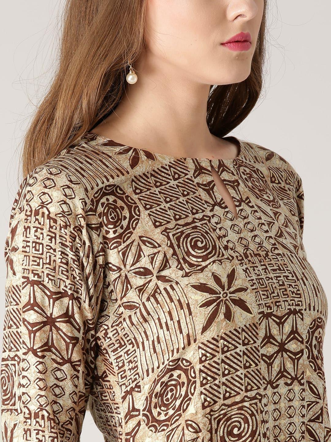 Beige Printed Rayon Kurta - ShopLibas