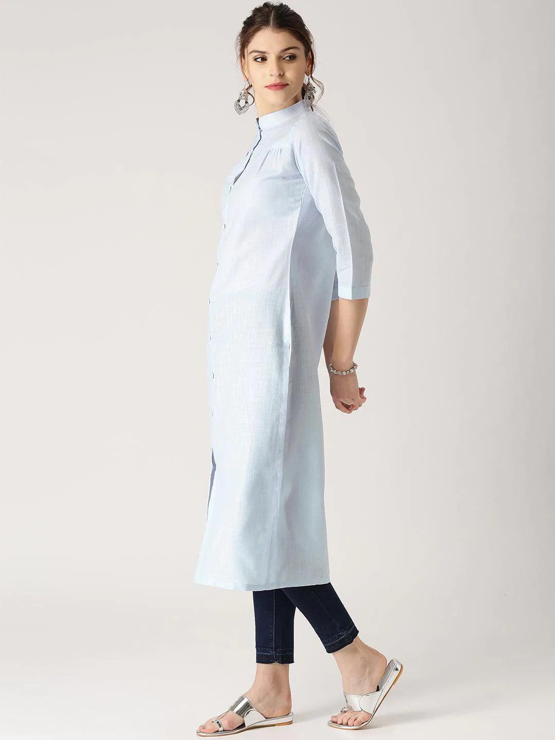 Blue Solid Cotton Kurta - ShopLibas