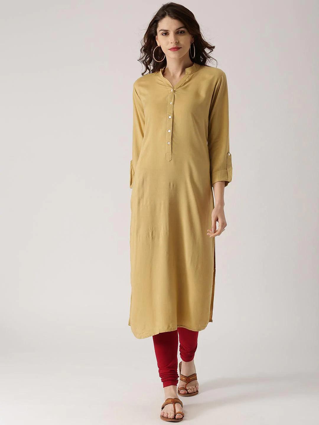 Beige Solid Rayon Kurta - ShopLibas