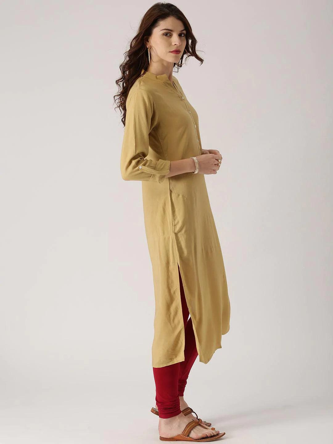 Beige Solid Rayon Kurta - ShopLibas