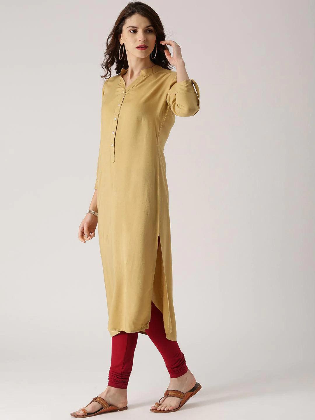 Beige Solid Rayon Kurta - ShopLibas