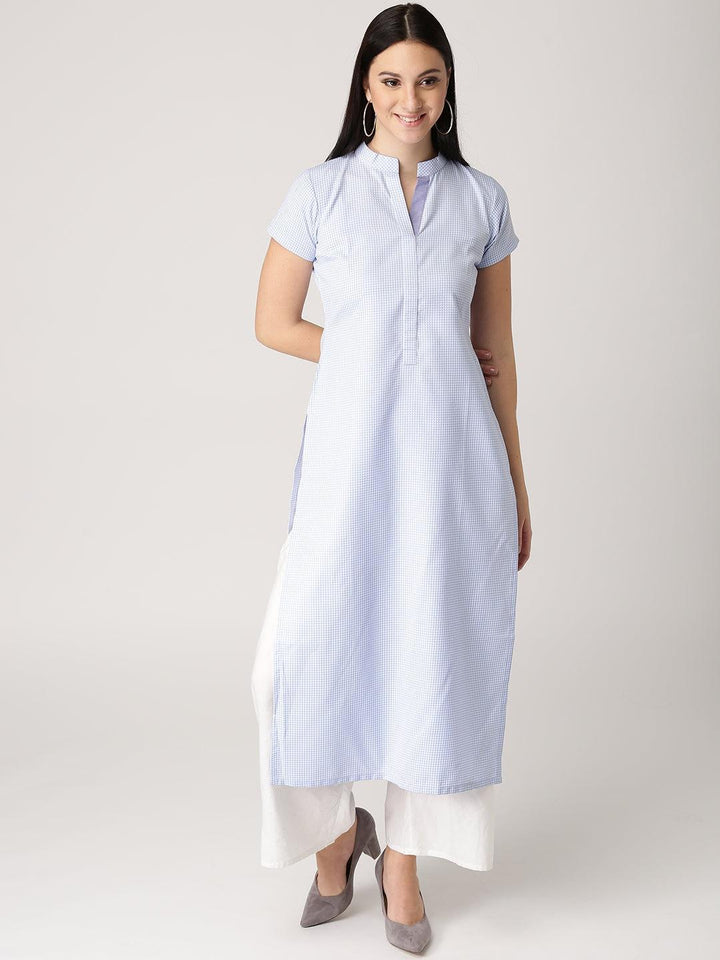 Blue Checkered Polyester Kurta