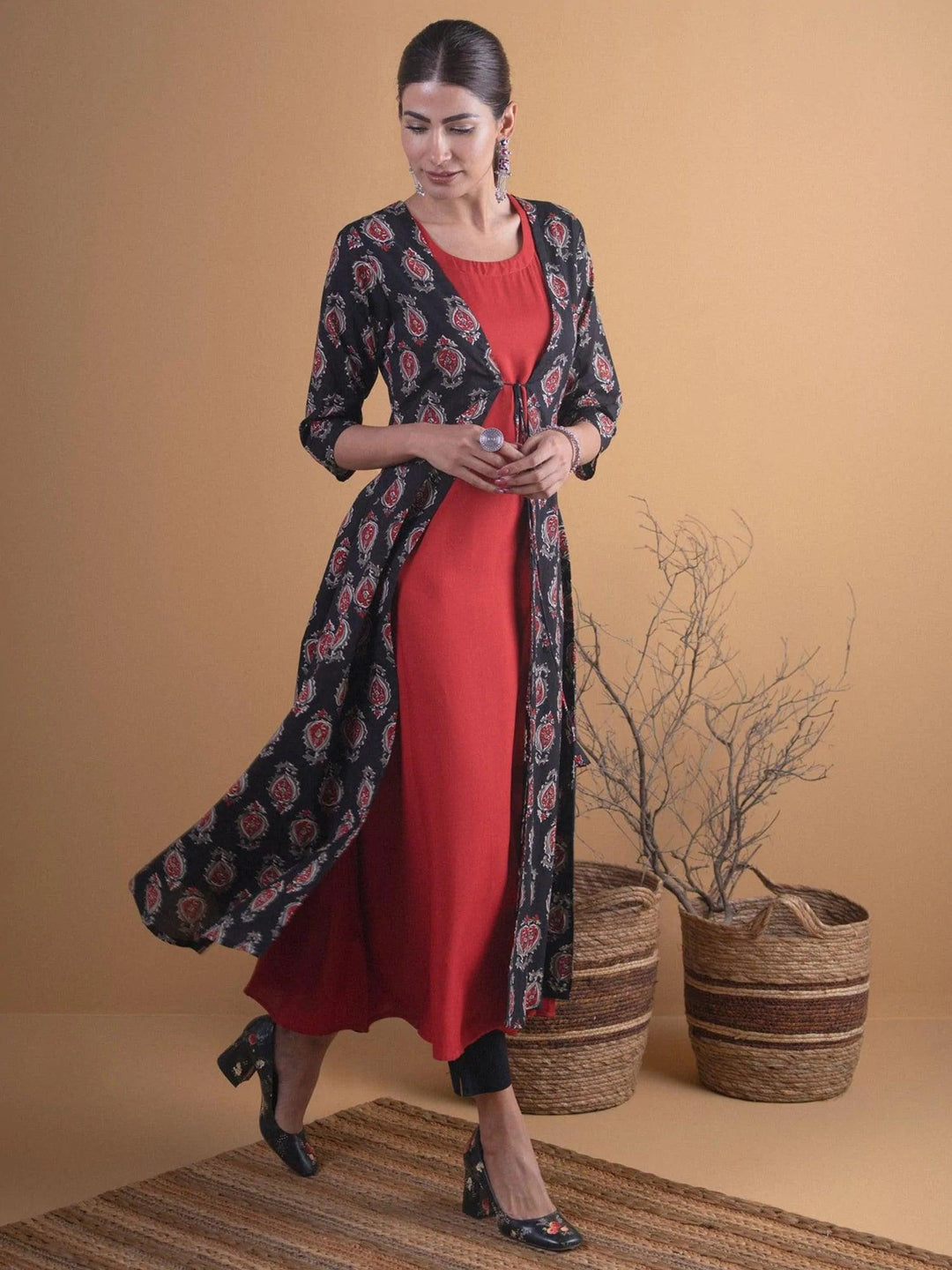 Black Printed Cotton Kurta With Jacket - ShopLibas