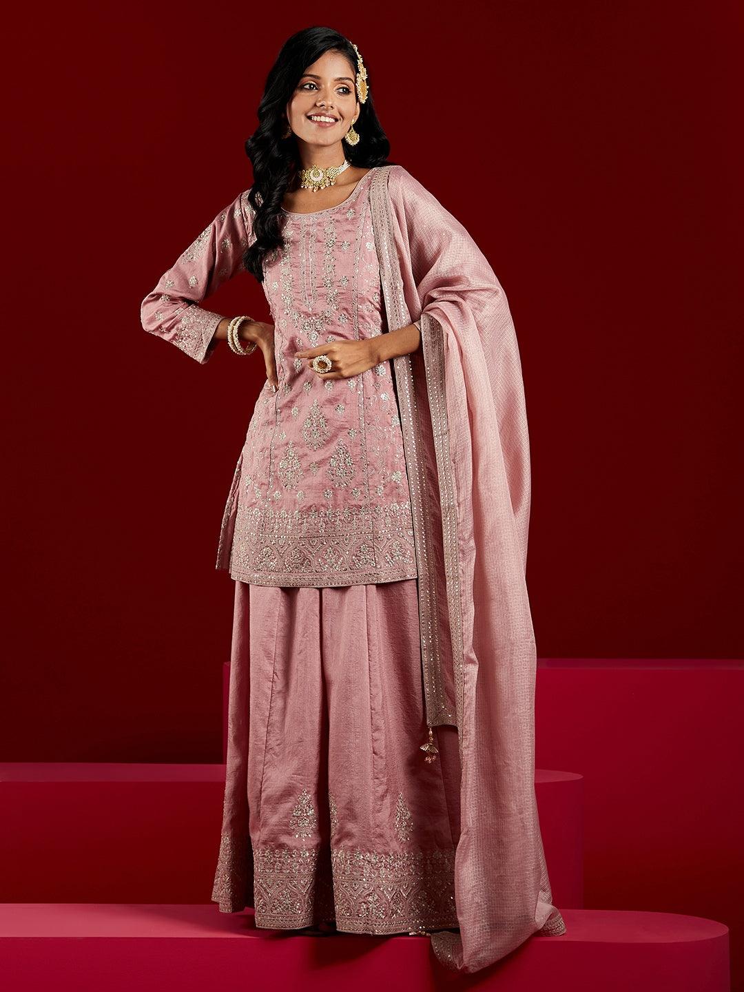 Libas Art Dusty Pink Embroidered Silk A-Line Kurti With Palazzos & Dupatta - ShopLibas