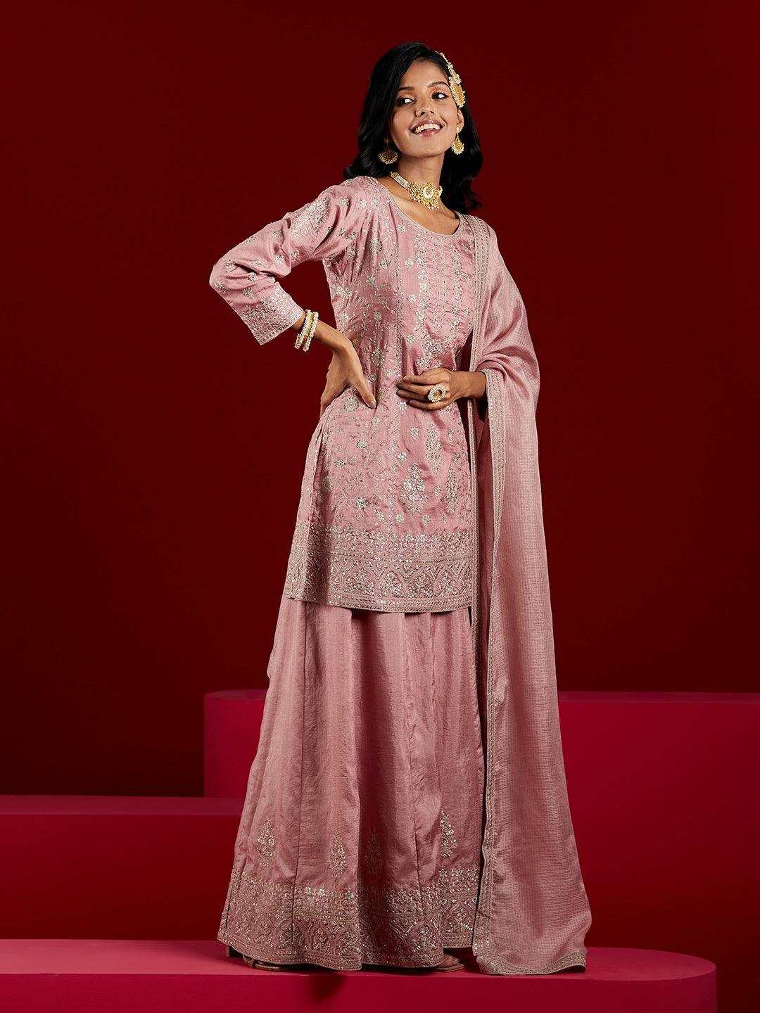 Libas Art Dusty Pink Embroidered Silk A-Line Kurti With Palazzos & Dupatta - ShopLibas