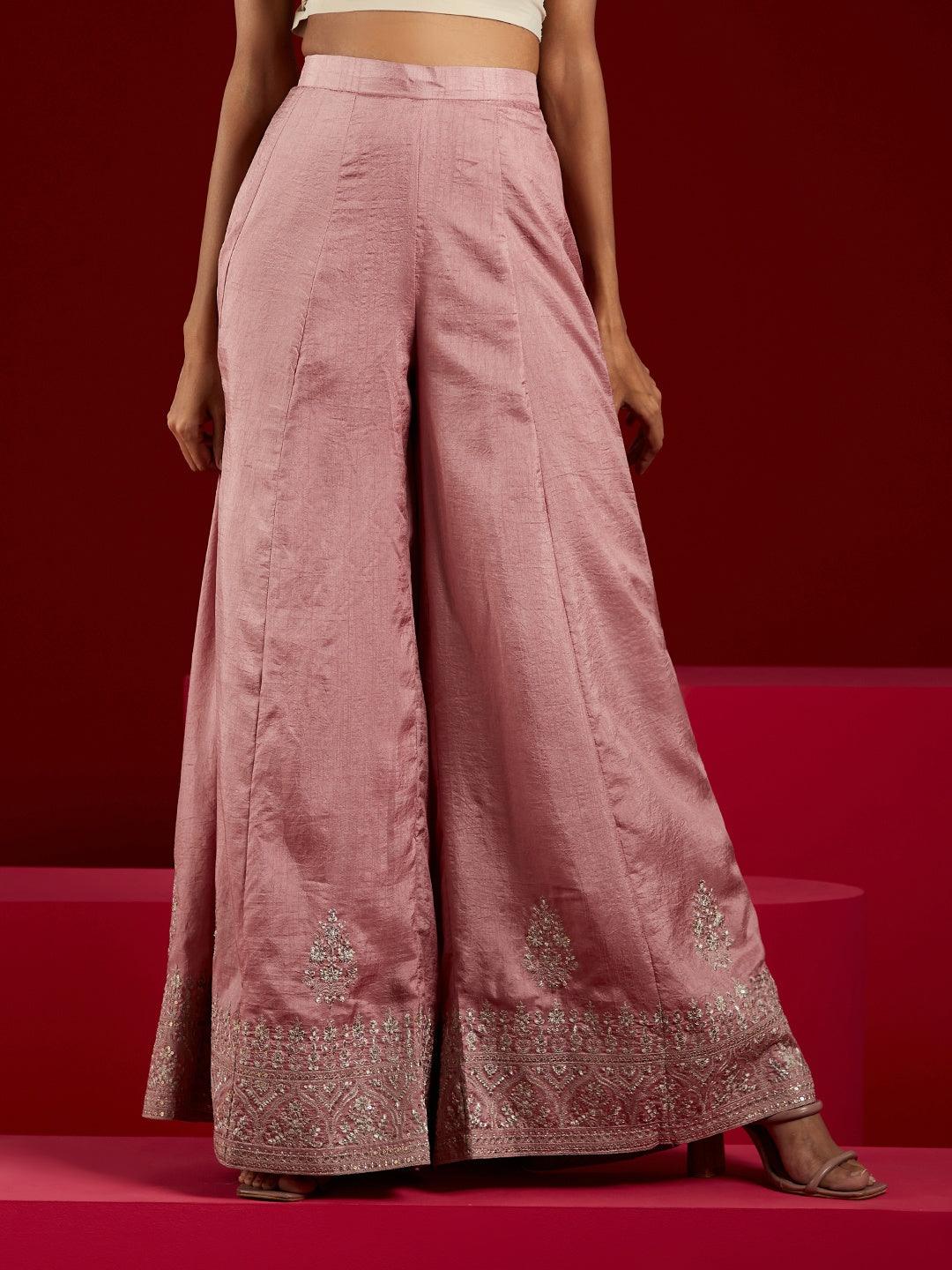 Libas Art Dusty Pink Embroidered Silk A-Line Kurti With Palazzos & Dupatta - ShopLibas