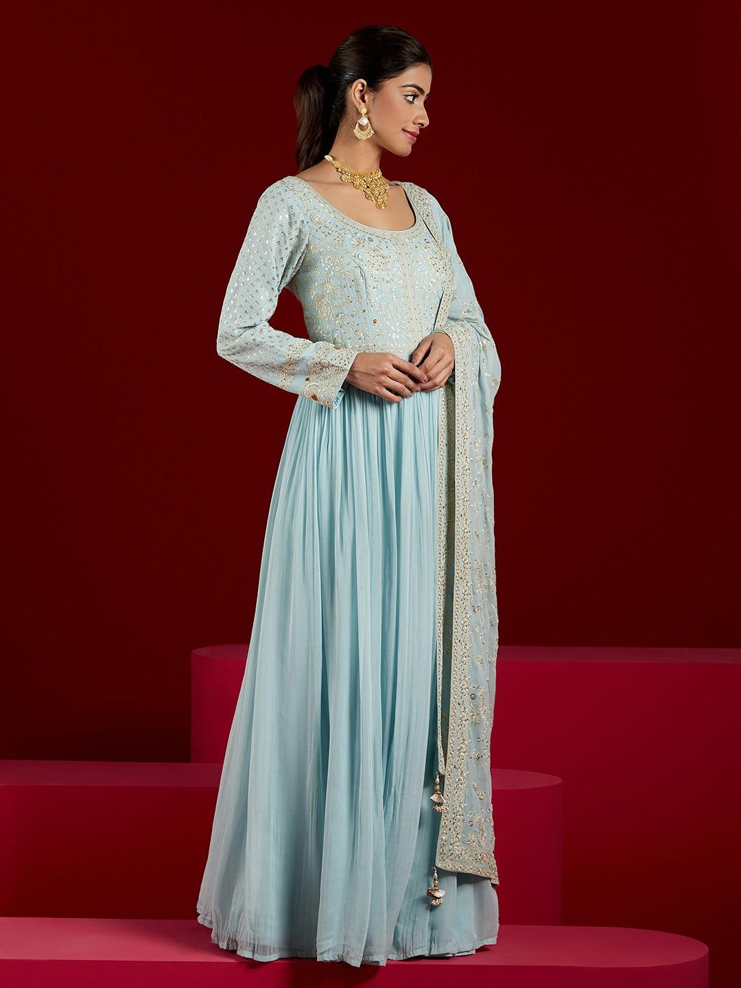 Libas Art Blue Yoke Design Georgette Anarkali Kurta With Trousers & Dupatta - ShopLibas