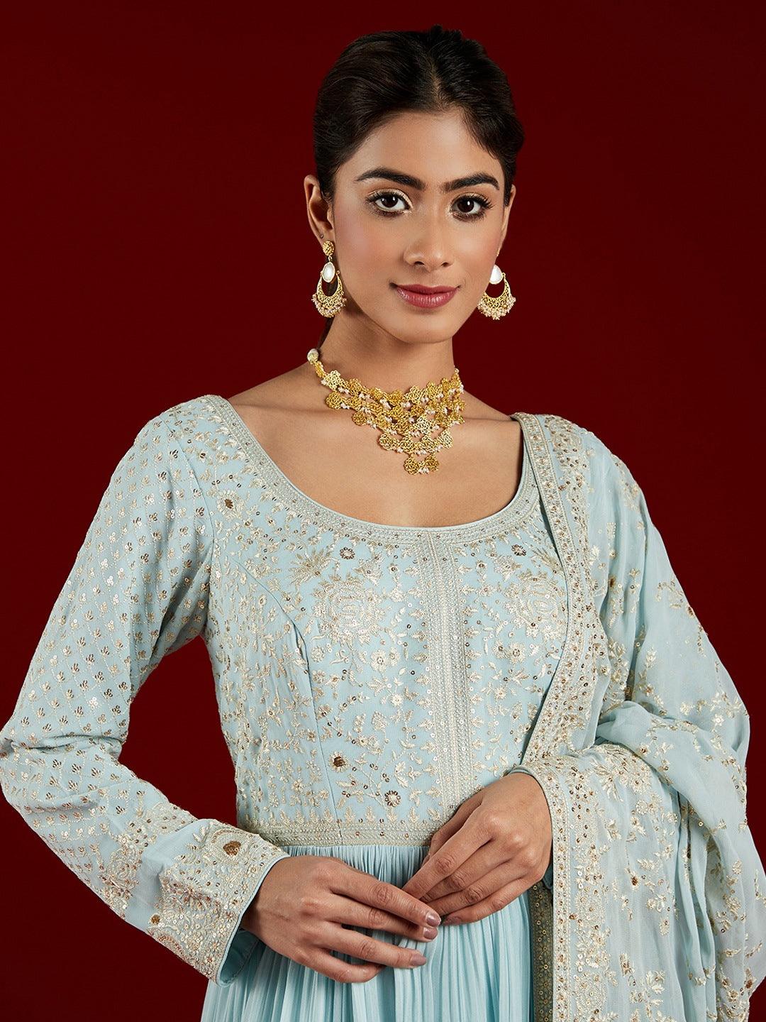 Libas Art Blue Yoke Design Georgette Anarkali Kurta With Trousers & Dupatta - ShopLibas