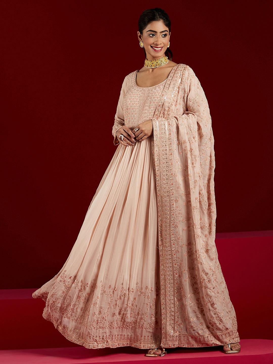 Libas Art Peach Yoke Design Georgette Anarkali Kurta With Trousers & Dupatta - ShopLibas