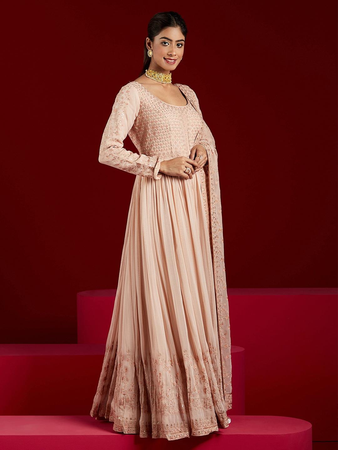 Libas Art Peach Yoke Design Georgette Anarkali Kurta With Trousers & Dupatta - ShopLibas