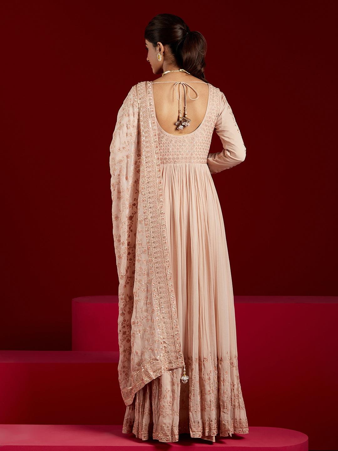 Libas Art Peach Yoke Design Georgette Anarkali Kurta With Trousers & Dupatta - ShopLibas