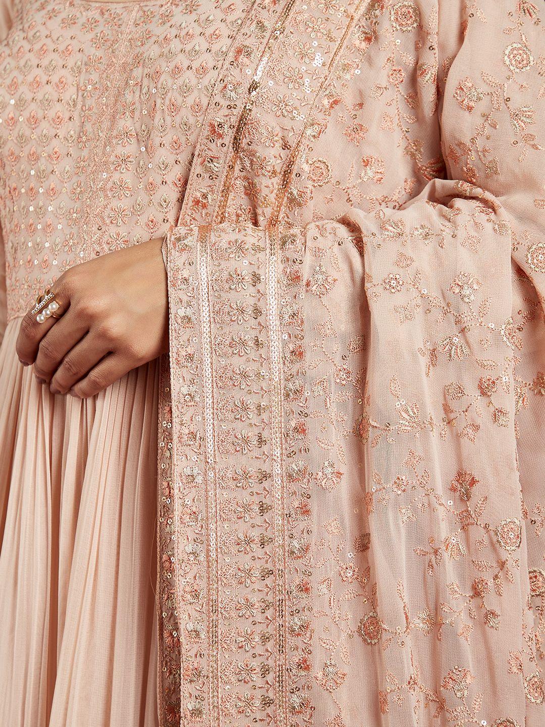 Libas Art Peach Yoke Design Georgette Anarkali Kurta With Trousers & Dupatta - ShopLibas