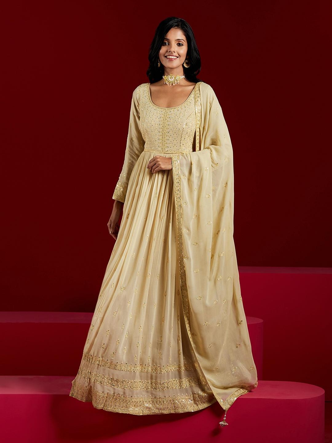 Libas Art Olive Green Yoke Design Georgette Anarkali Kurta With Trousers & Dupatta - ShopLibas